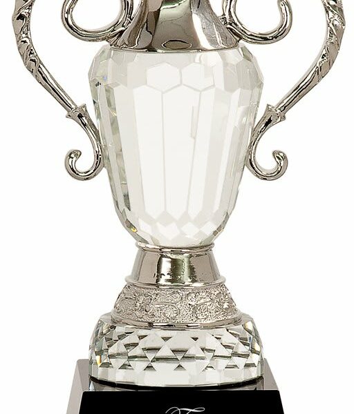 10" Crystal Cup with Silver Metal Handles on Black Pedestal Base