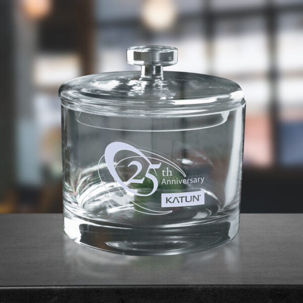 11" Modern Swan Design Art Glass on Clear Glass Base with Black Laserable Aluminum Plate