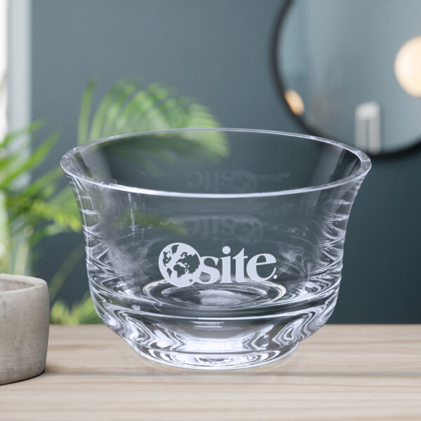 6 1/4" Blue and Green Egg Shaped Art Glass on Clear Glass Base with Black Laserable Aluminum Plate